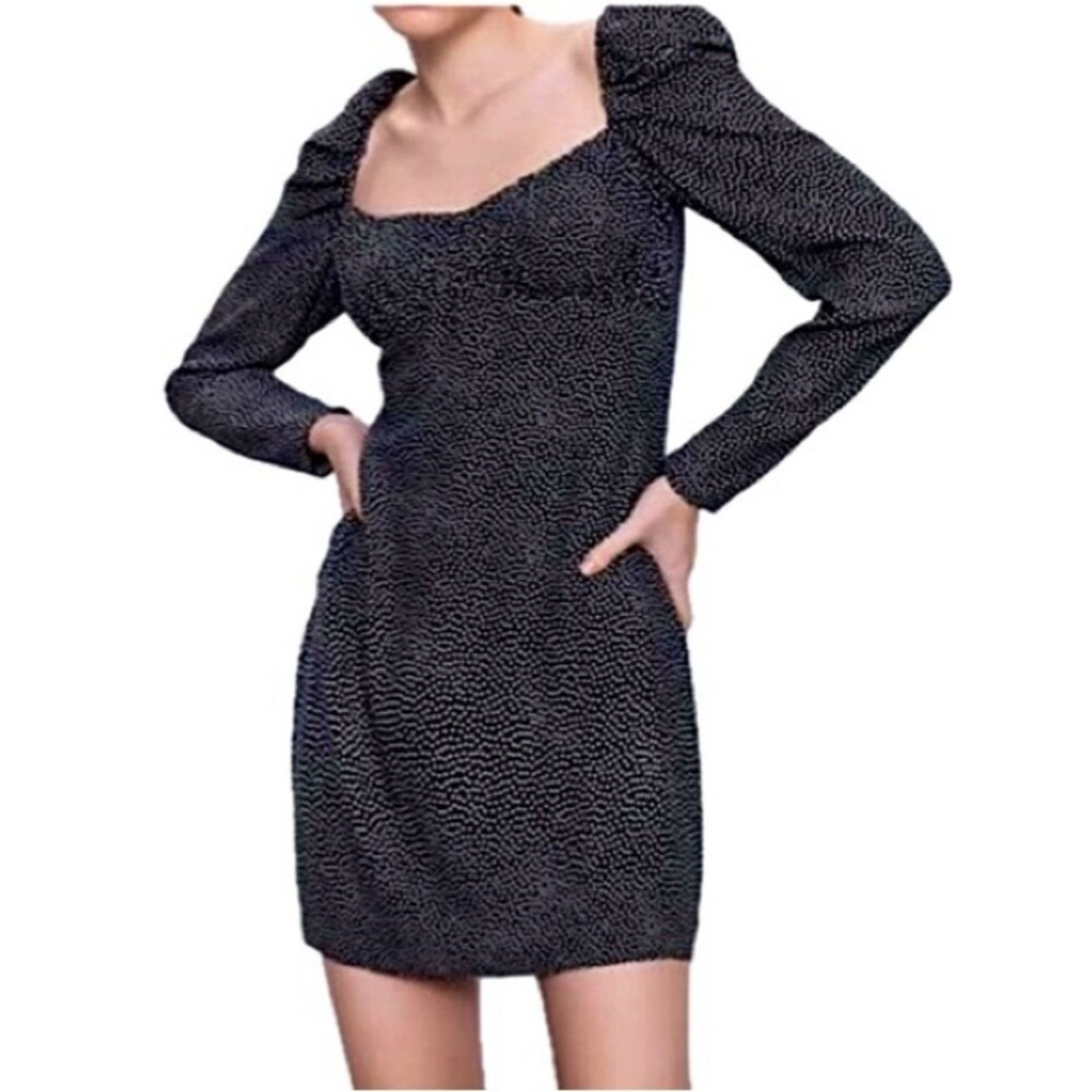 ZARA Polka Dot Milkmaid Mini Dress Size Small Puff Long Sleeve Black & White